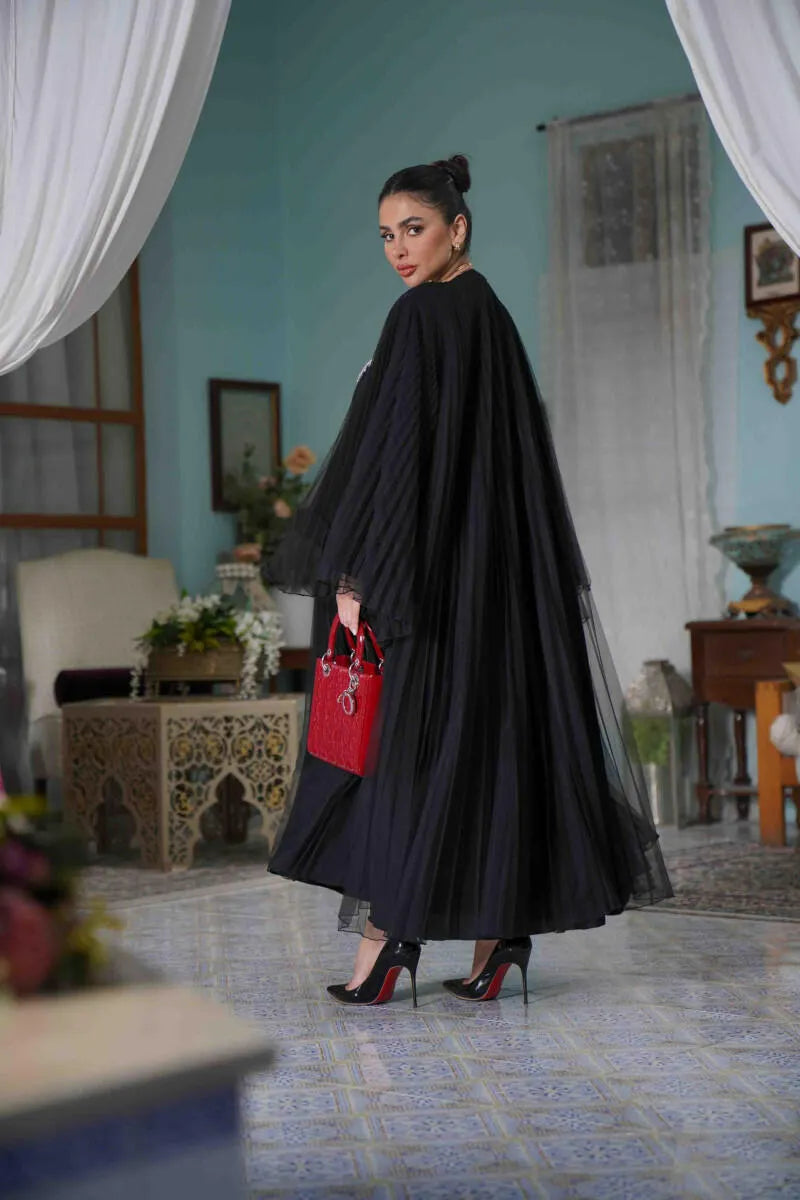 Free size tulle abaya lined with crepe with embroidery