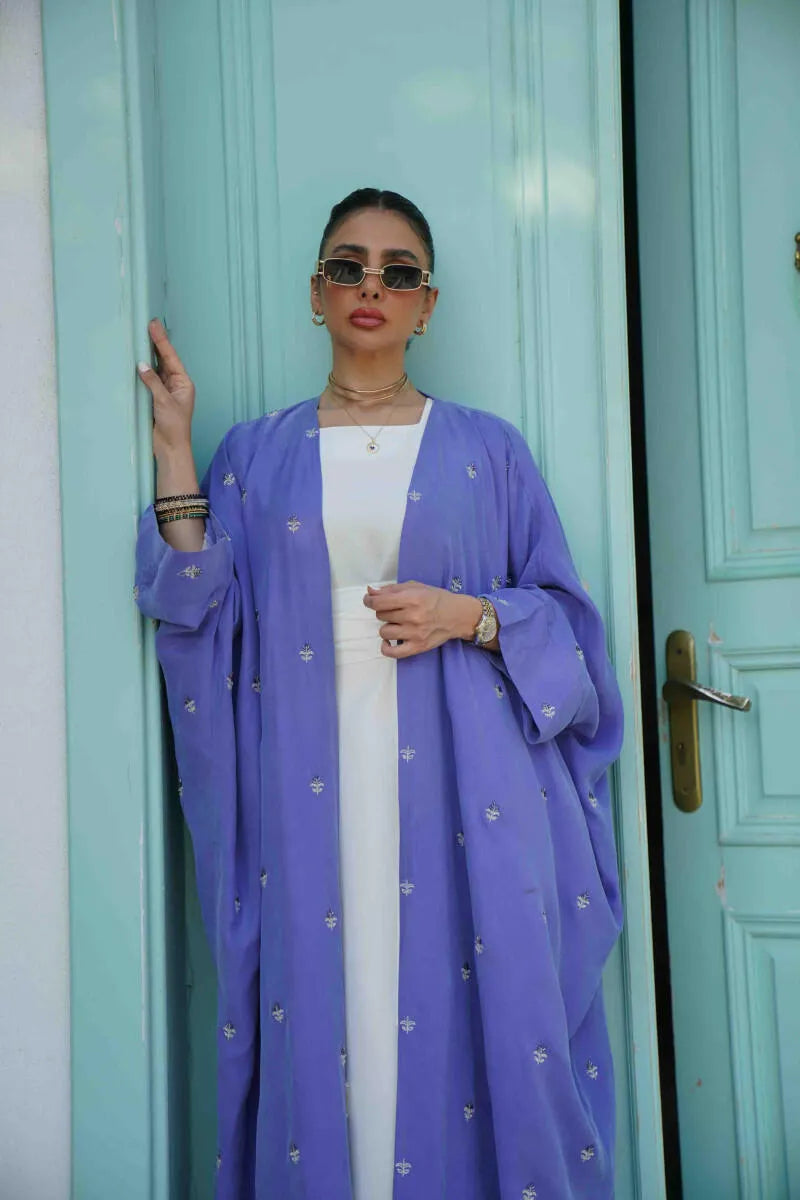 Free size cobra purple abaya with silver embroidery, lined with off-white