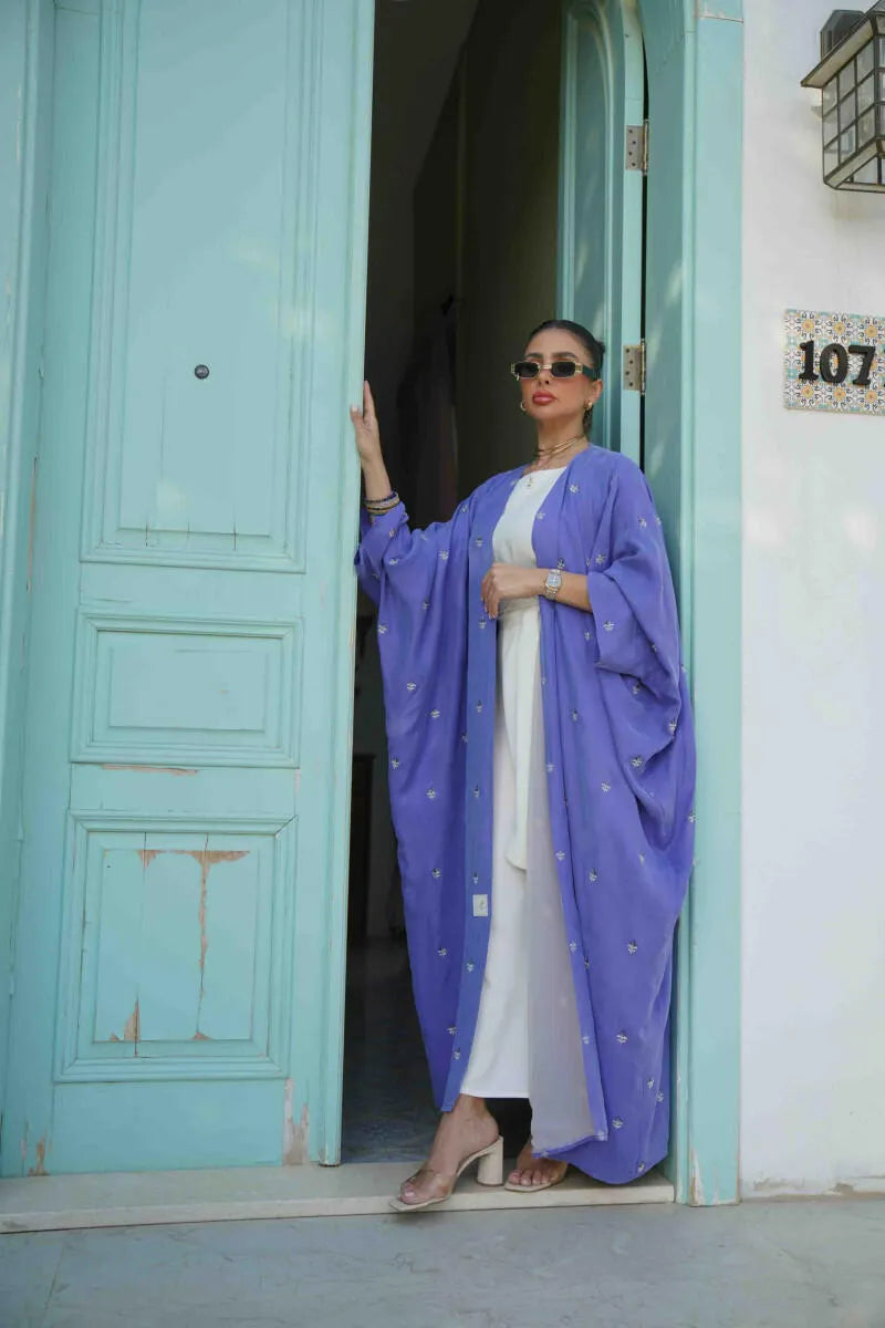 Free size cobra purple abaya with silver embroidery, lined with off-white
