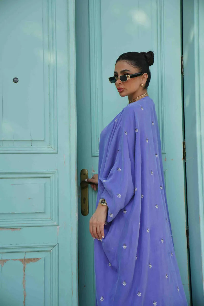 Free size cobra purple abaya with silver embroidery, lined with off-white