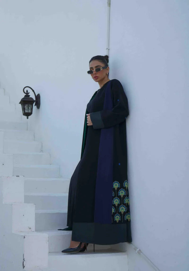 Black, navy blue, and green crepe abaya with embroidery