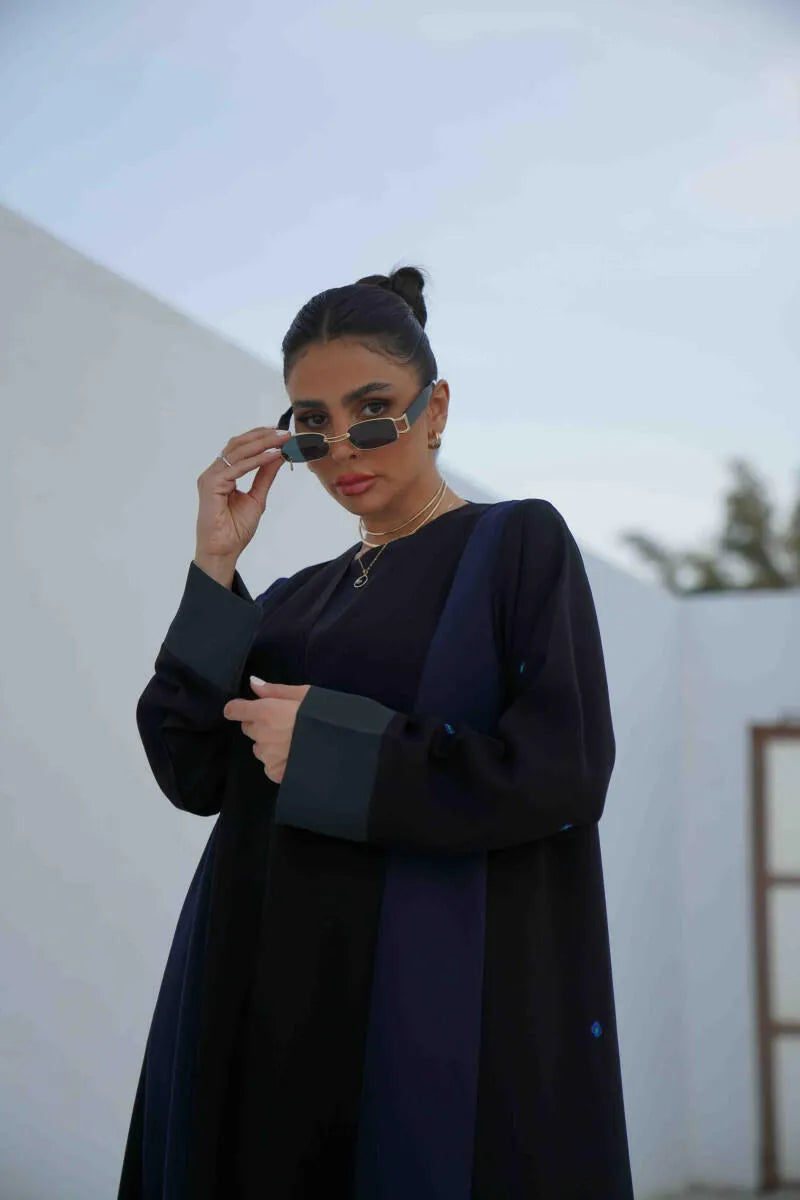 Black, navy blue, and green crepe abaya with embroidery
