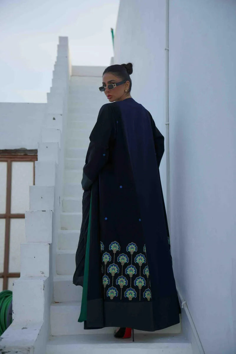 Black, navy blue, and green crepe abaya with embroidery