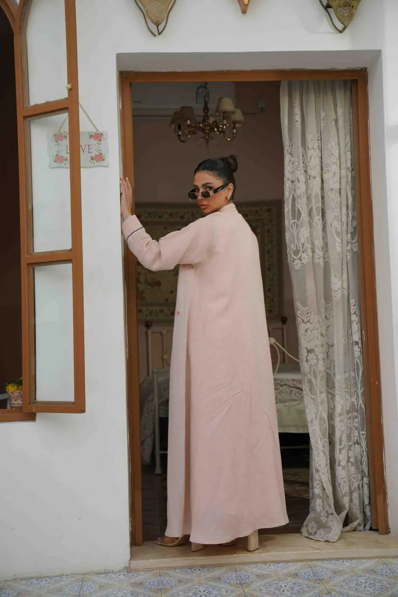 Apricot linen abaya with embroidery, lined with light purple chiffon in the front