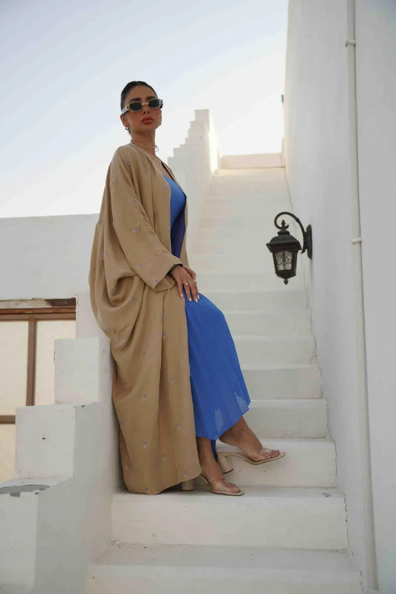 Beige silk cloak with purple embroidery