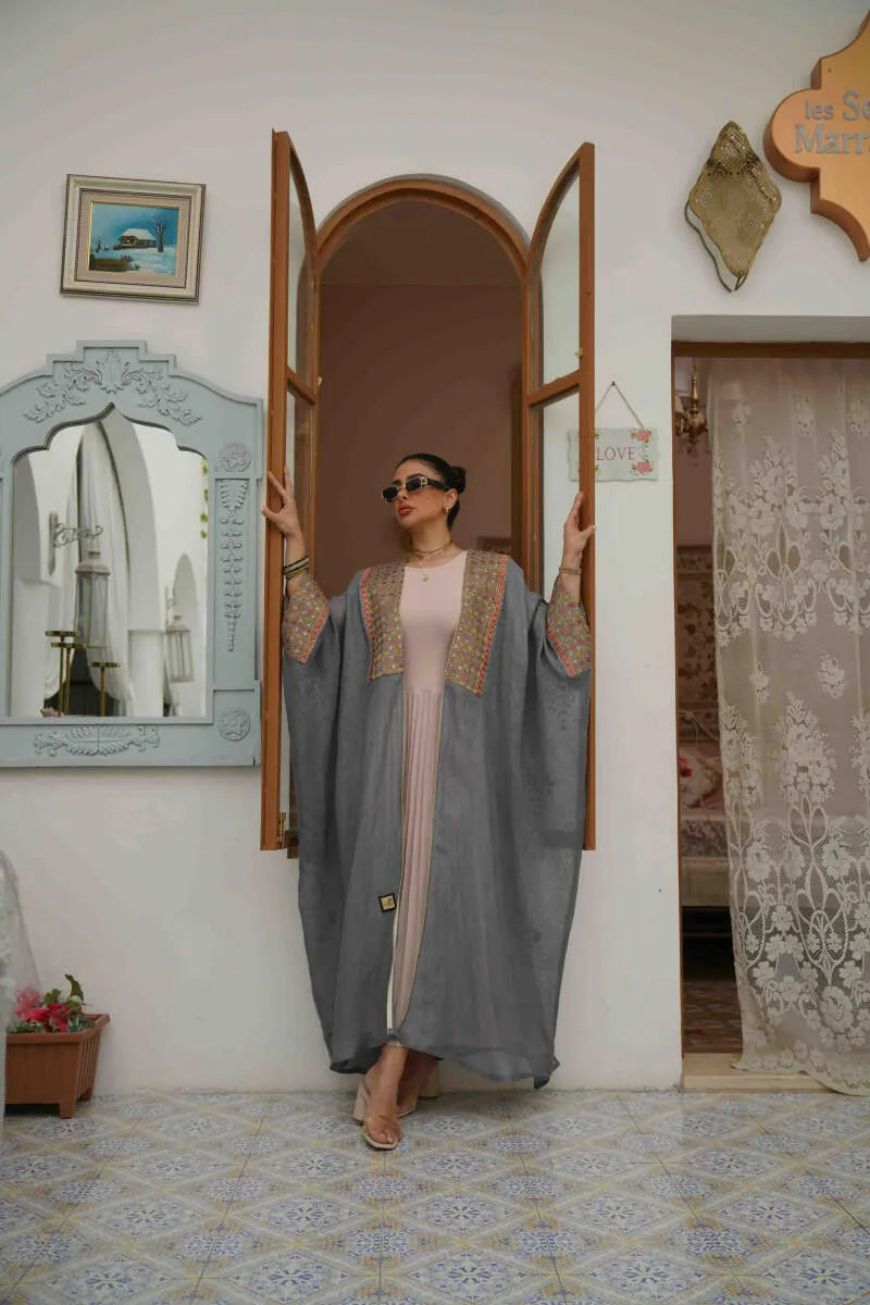 Silver linen cloak with colorful embroidery