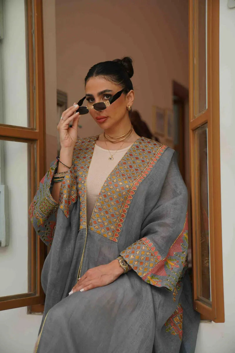 Silver linen cloak with colorful embroidery