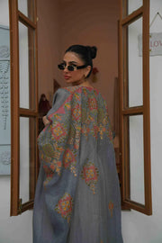 Silver linen cloak with colorful embroidery