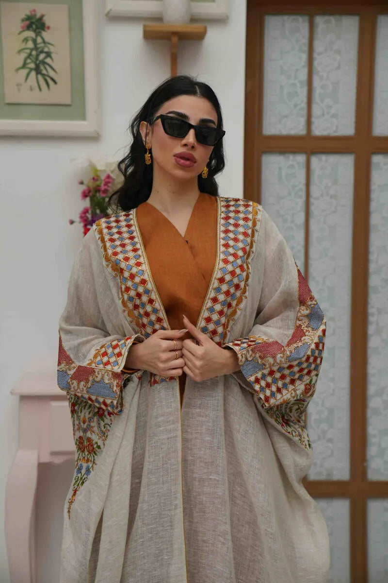 Beige linen cloak with colorful embroidery