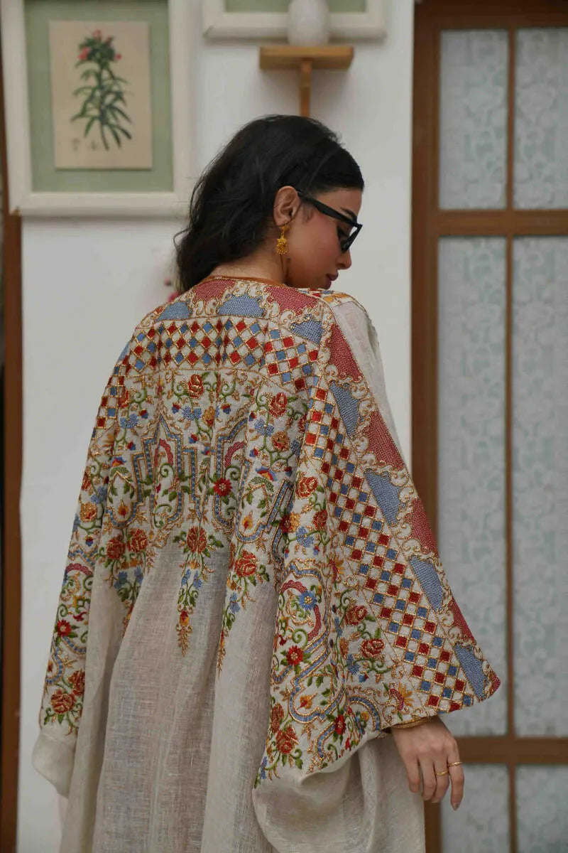 Beige linen cloak with colorful embroidery