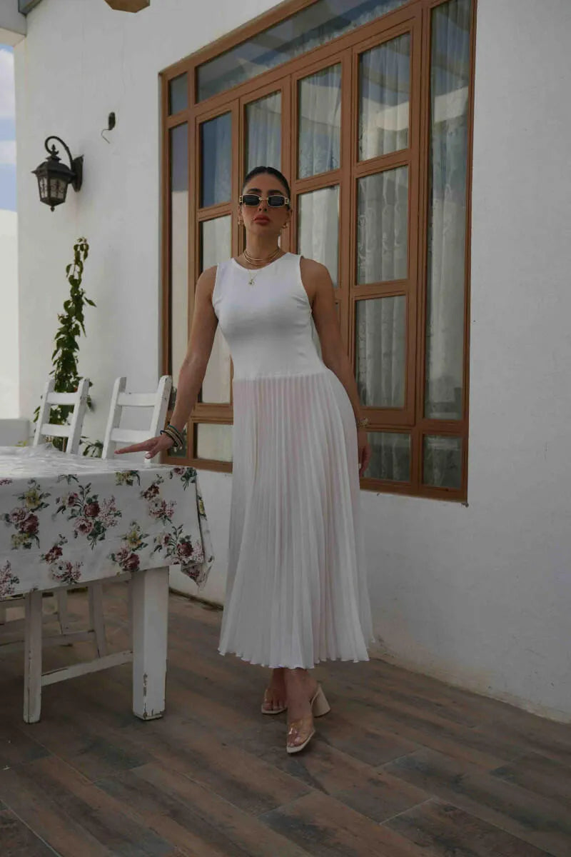 White dress half crepe and half pleats