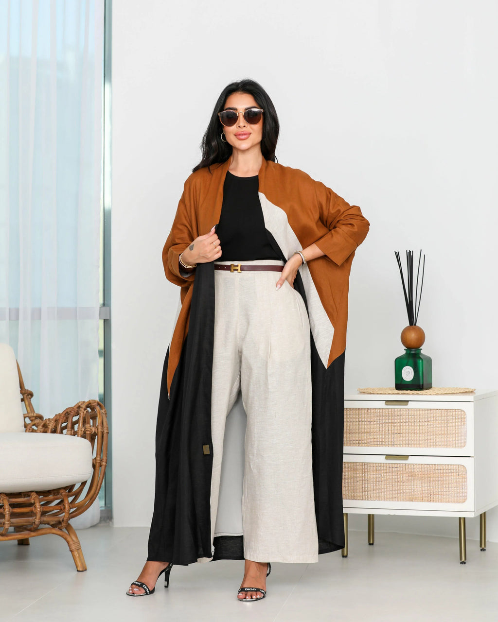 Free size linen abaya with colours black , beige and orange