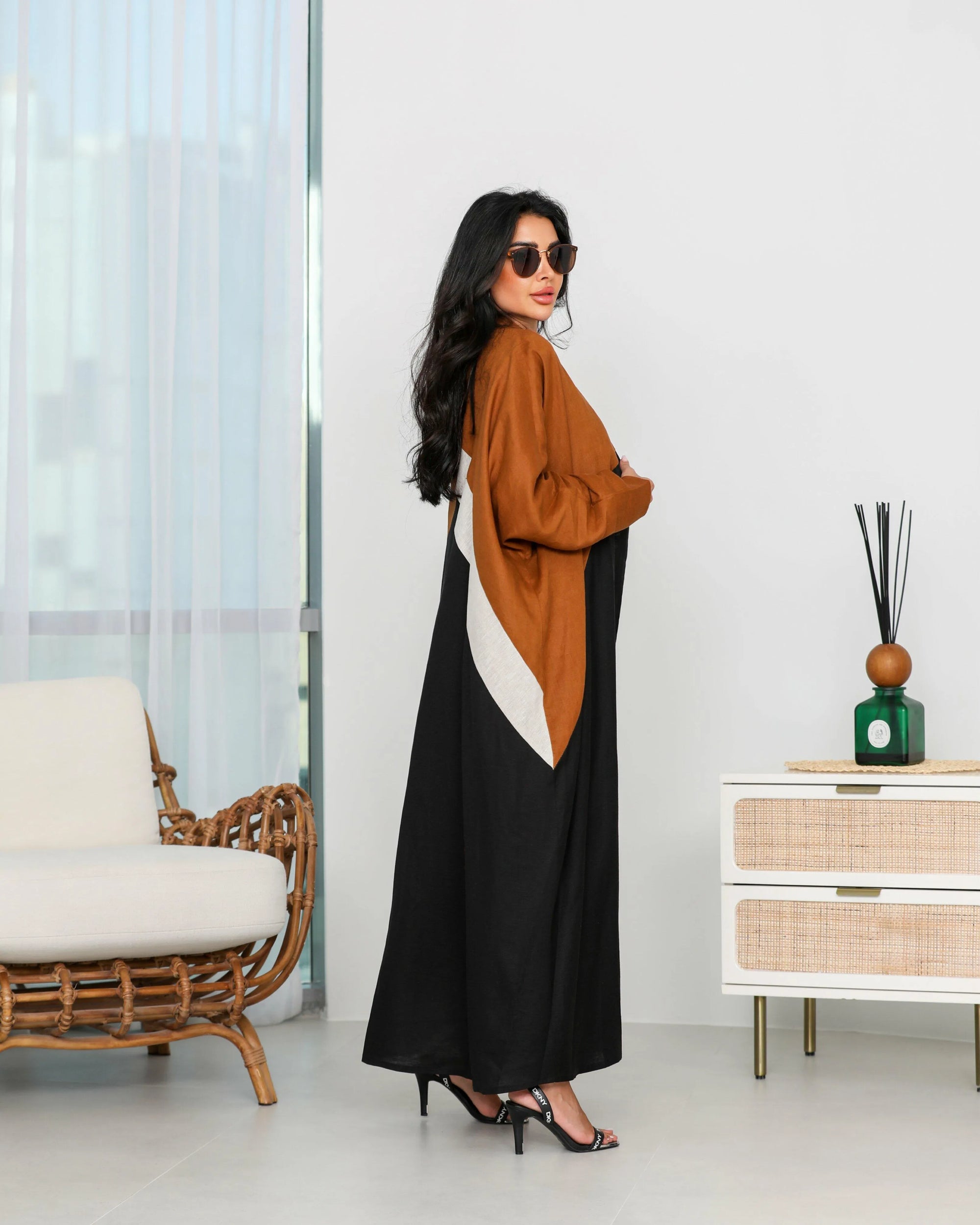Free size linen abaya with colours black , beige and orange