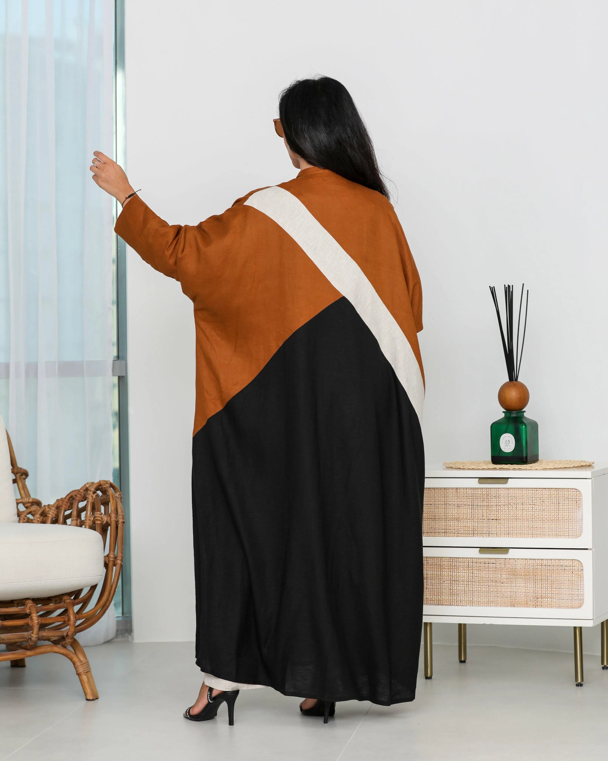 Free size linen abaya with colours black , beige and orange