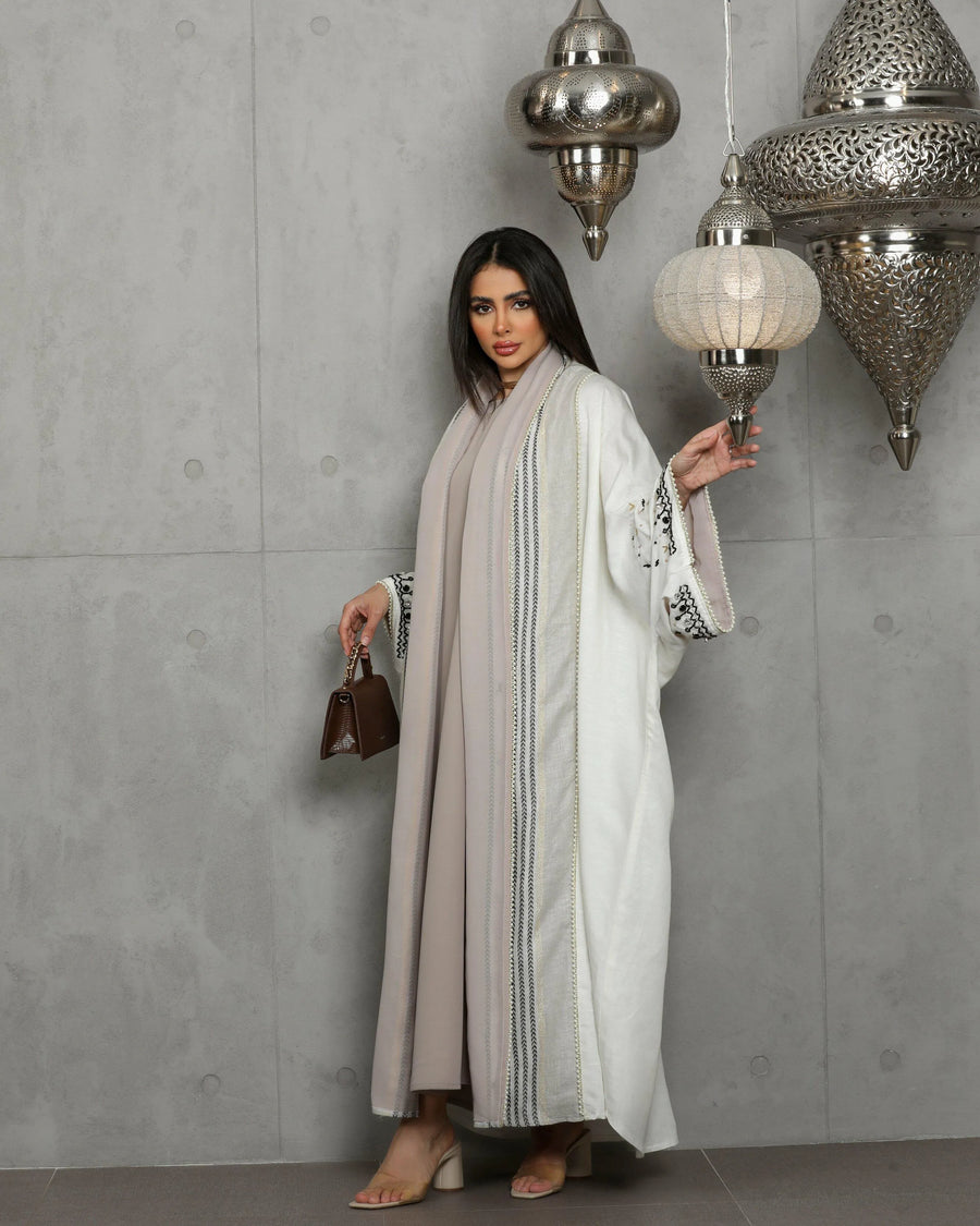 Off-white and beige  linen abaya with embroidery on the sleeves