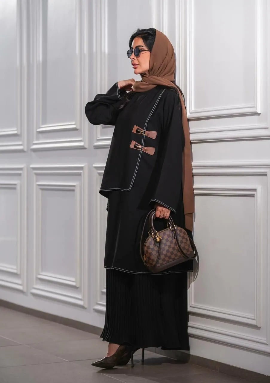 Black crepe abaya with brown belt