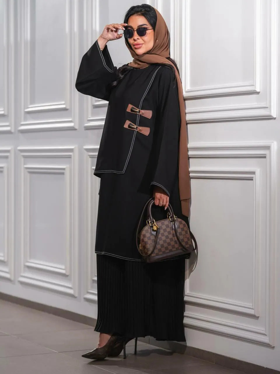 Black crepe abaya with brown belt
