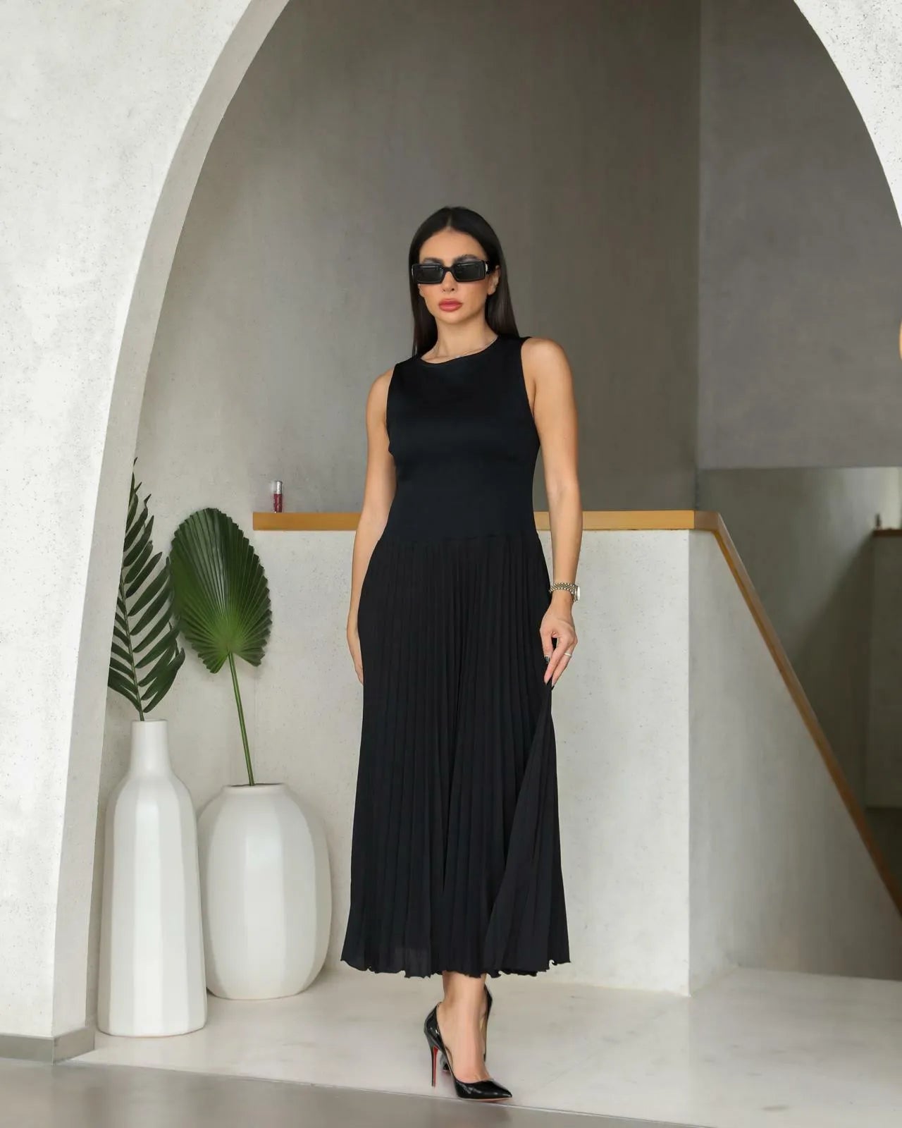 Black dress half crepe and half pleats