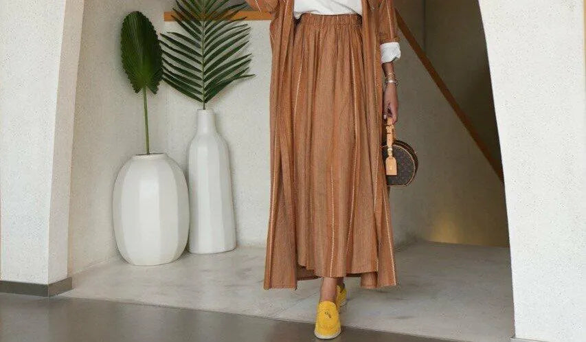 Camel linen striped skirt
