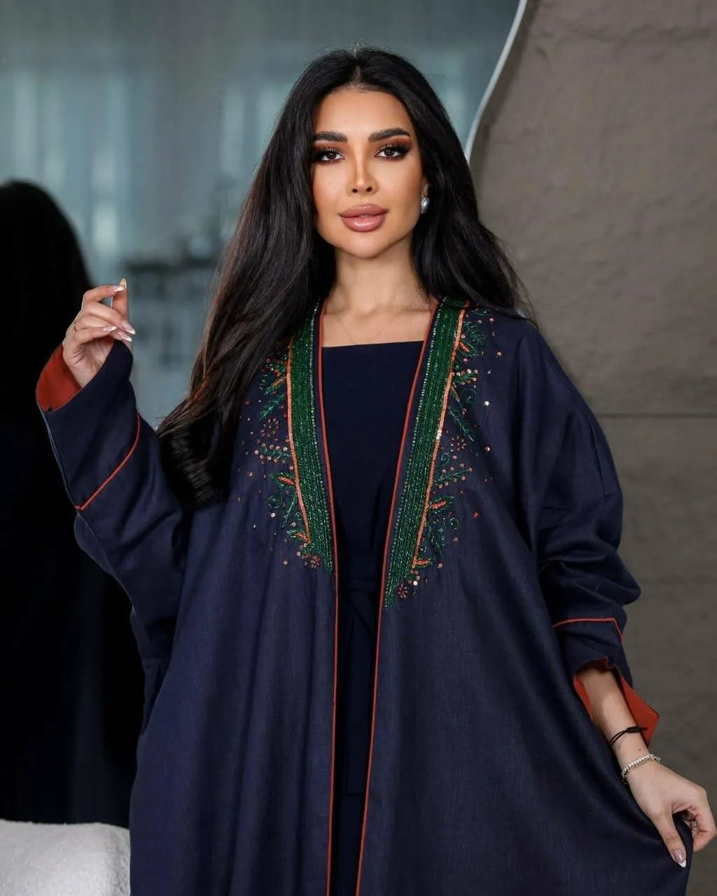 Navy linen bisht with green embroidery