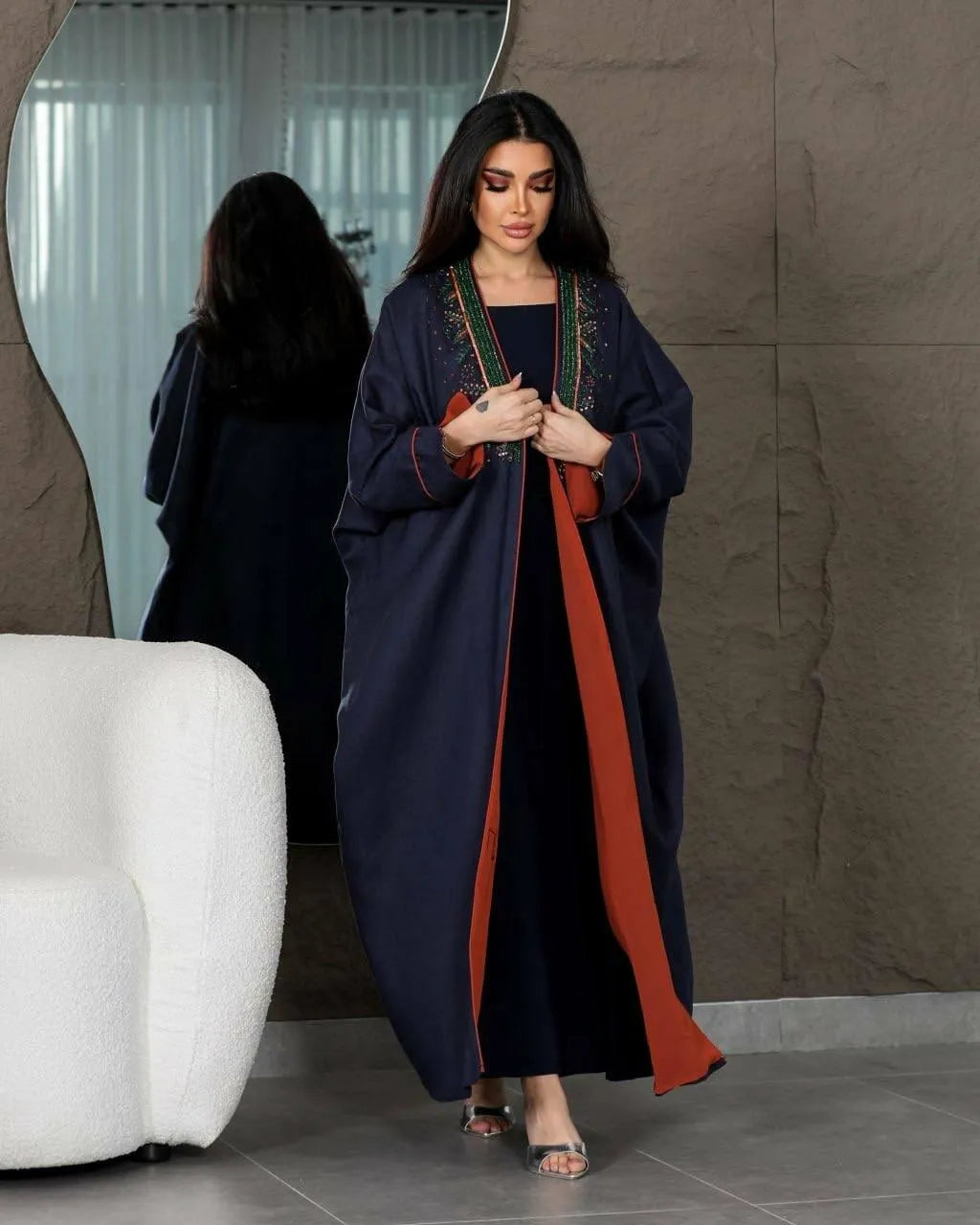 Navy linen bisht with green embroidery