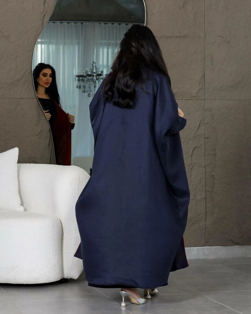 Navy linen bisht with green embroidery
