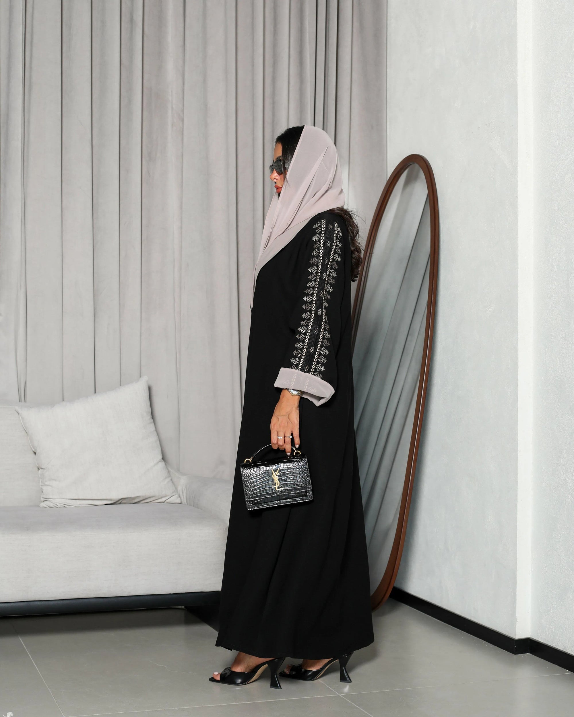Black crepe blazer abaya with beige collar and beige embroidery on sleeves