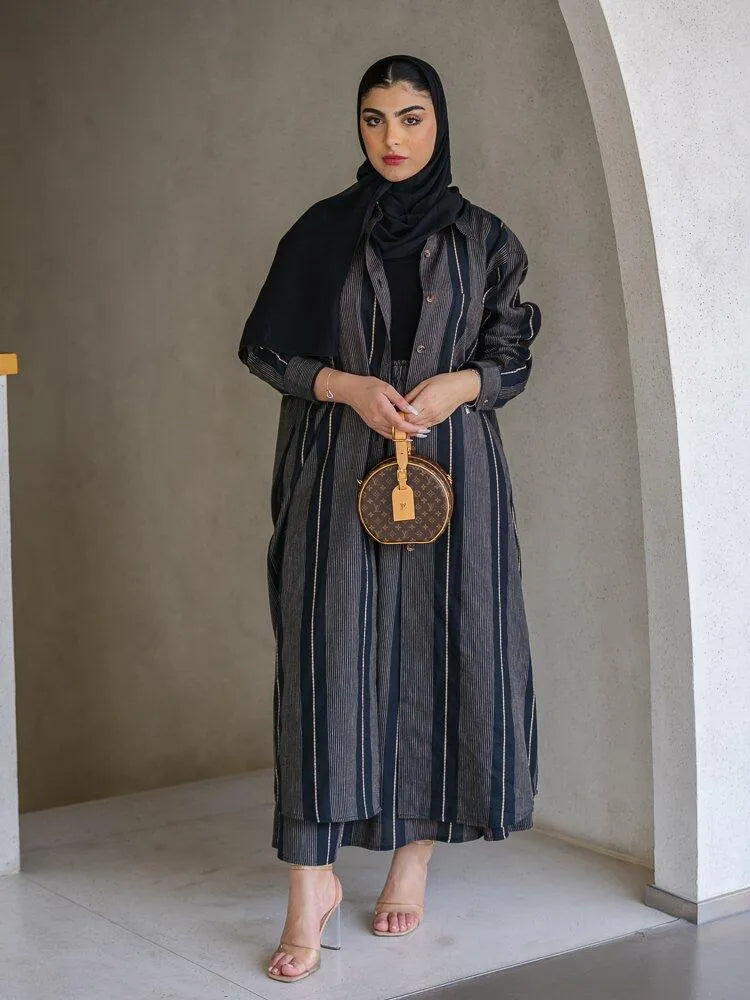 Black linen abaya striped  beige