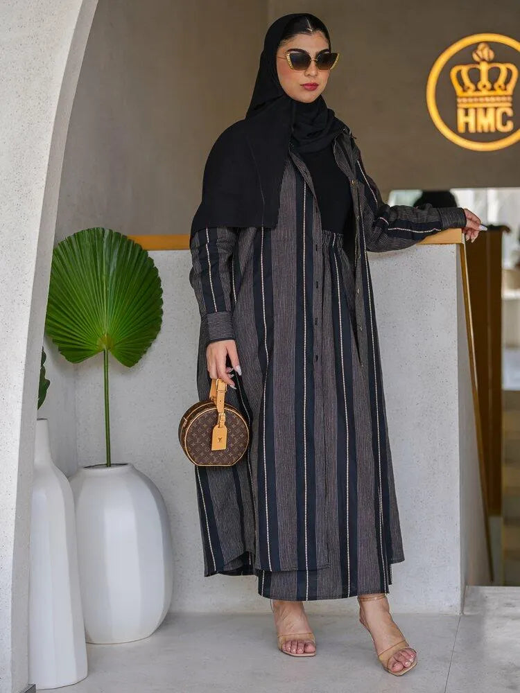 Black linen abaya striped  beige
