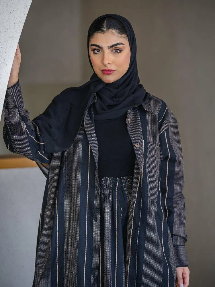 Black linen abaya striped  beige