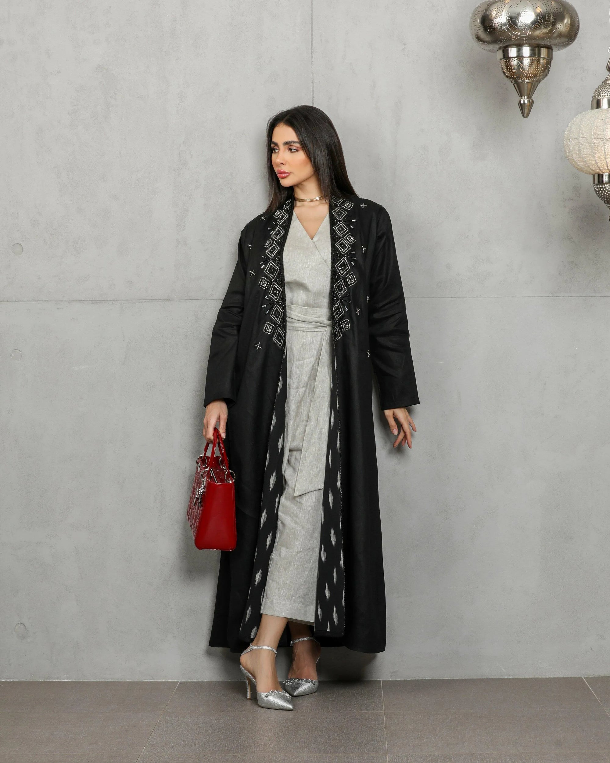 Black linen abaya with handmade embroidery