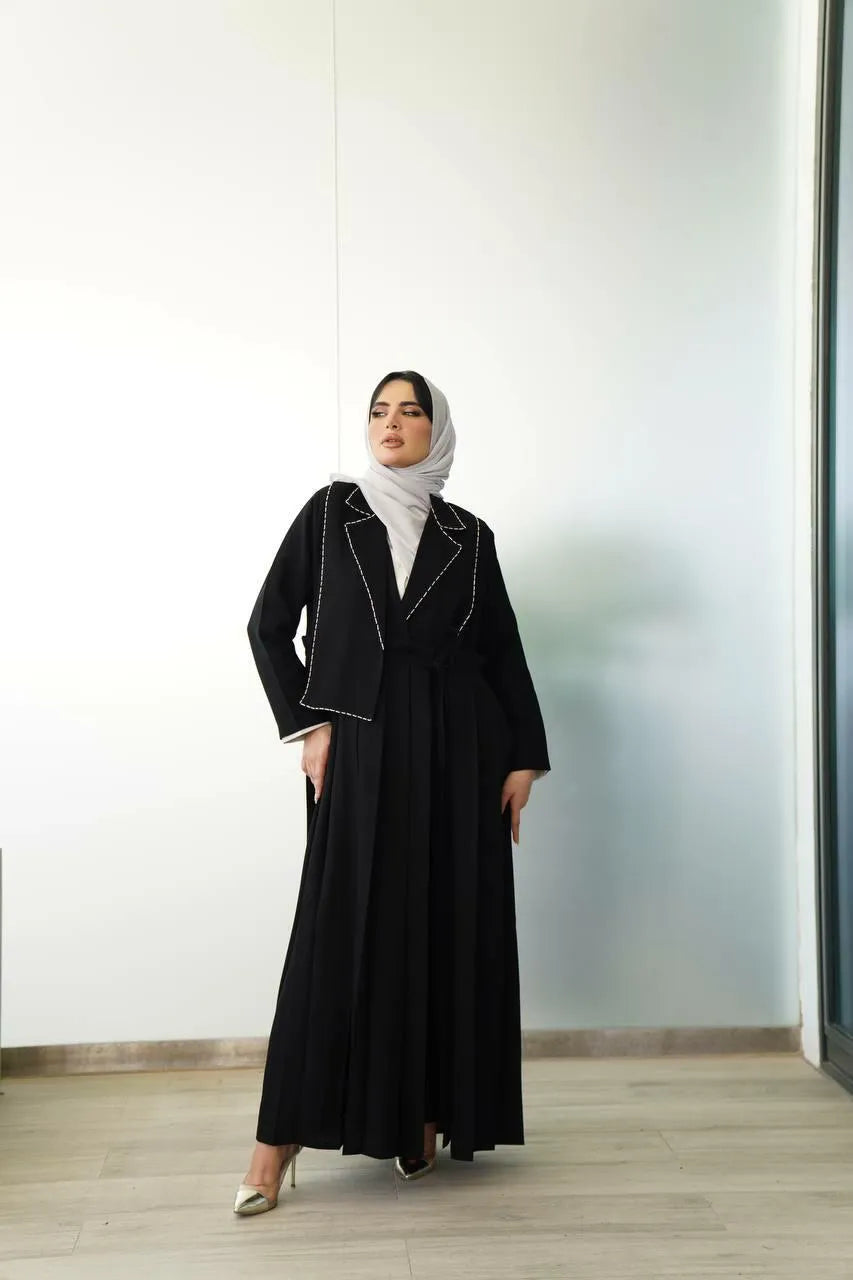 Black crepe blazer abaya with embroidery on collar