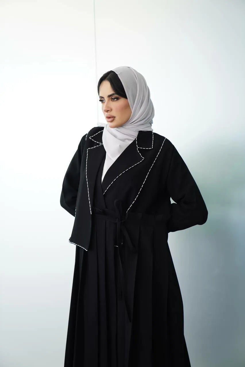 Black crepe blazer abaya with embroidery on collar