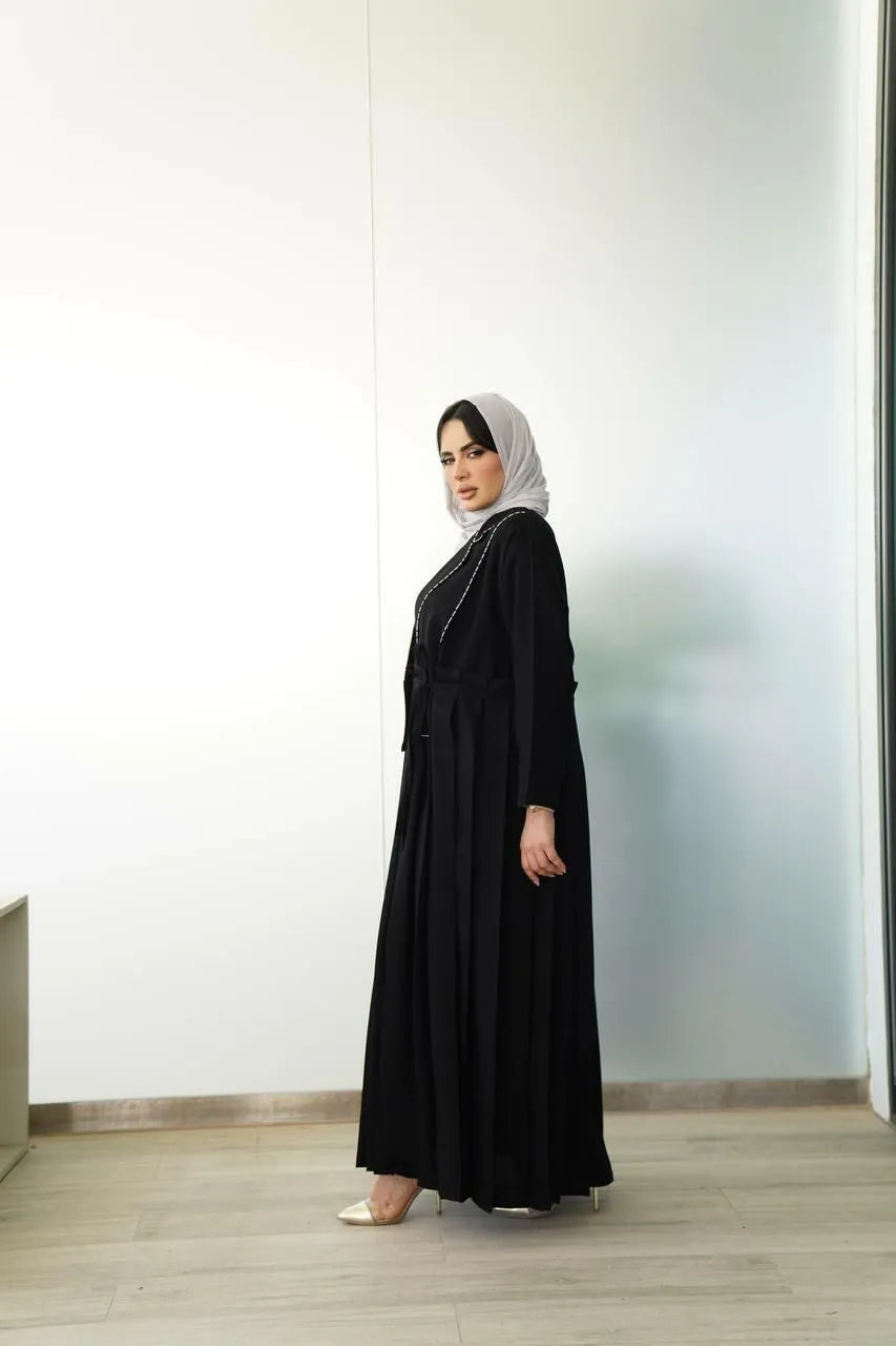 Black crepe blazer abaya with embroidery on collar