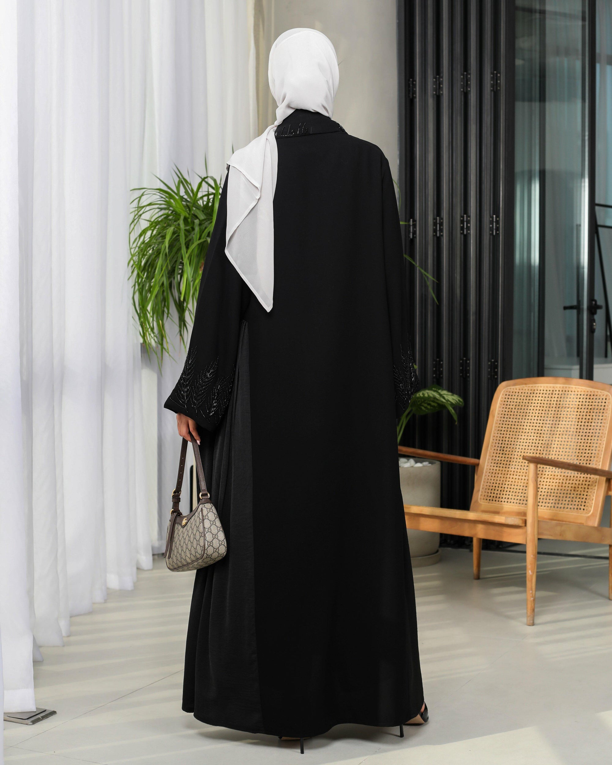 Black crepe blazer abaya with embroidery and pleats on the side