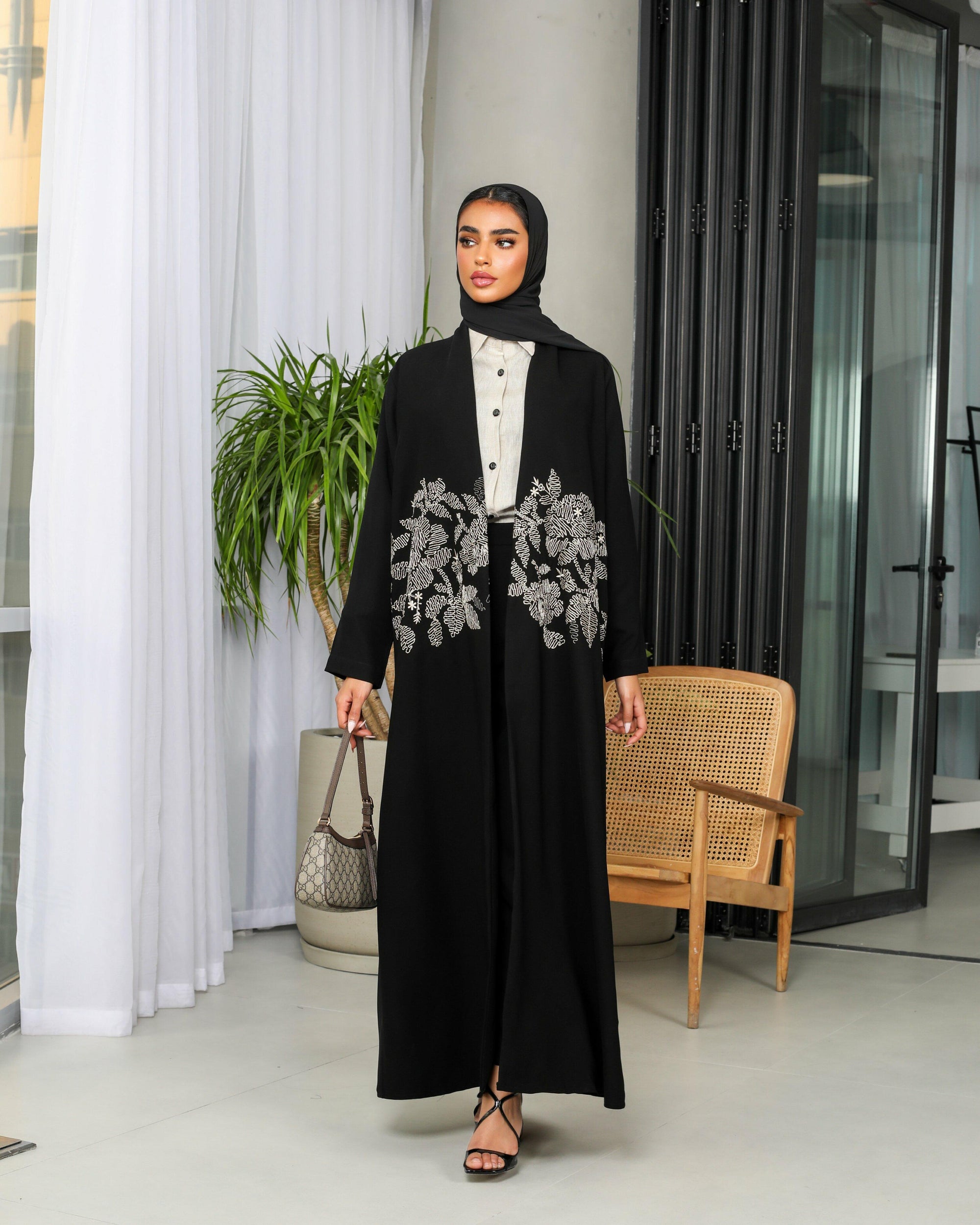 Black crepe blazer abaya with beige embroidery