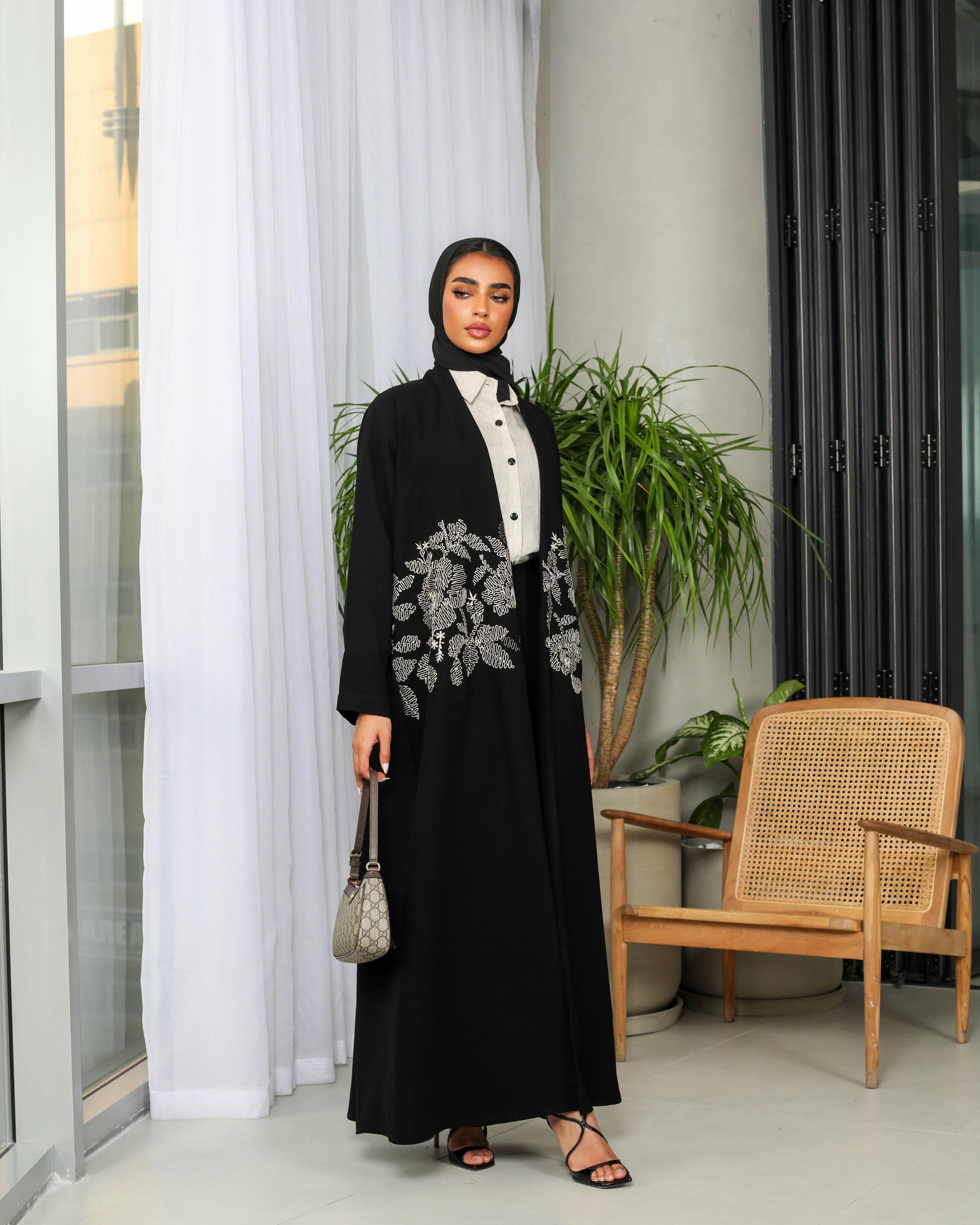 Black crepe blazer abaya with beige embroidery
