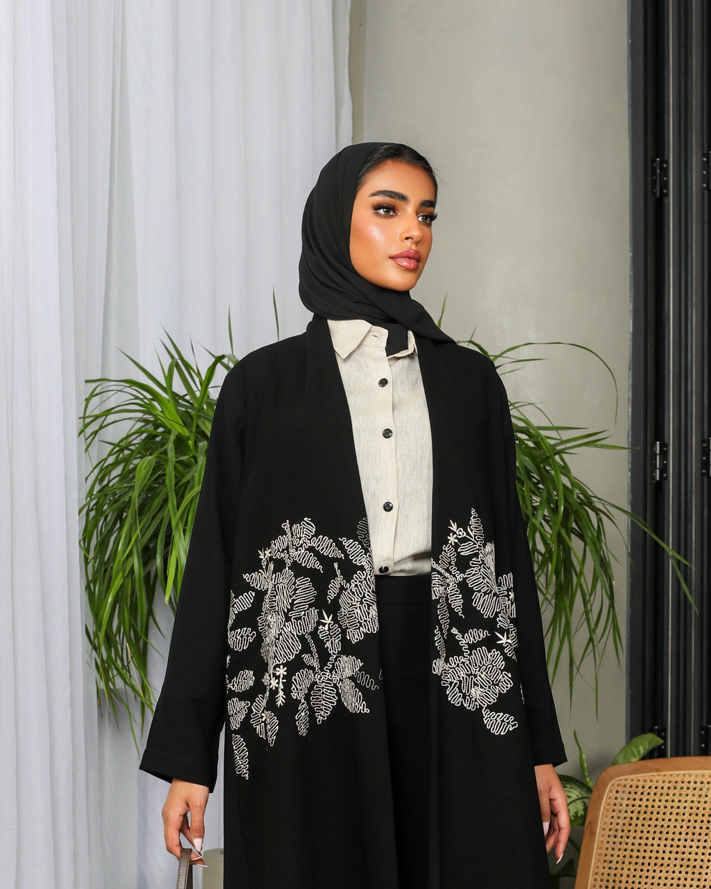 Black crepe blazer abaya with beige embroidery