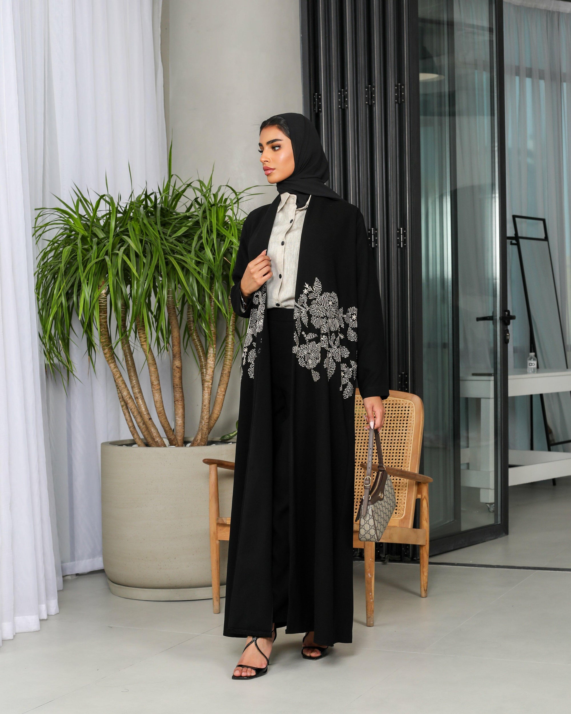Black crepe blazer abaya with beige embroidery