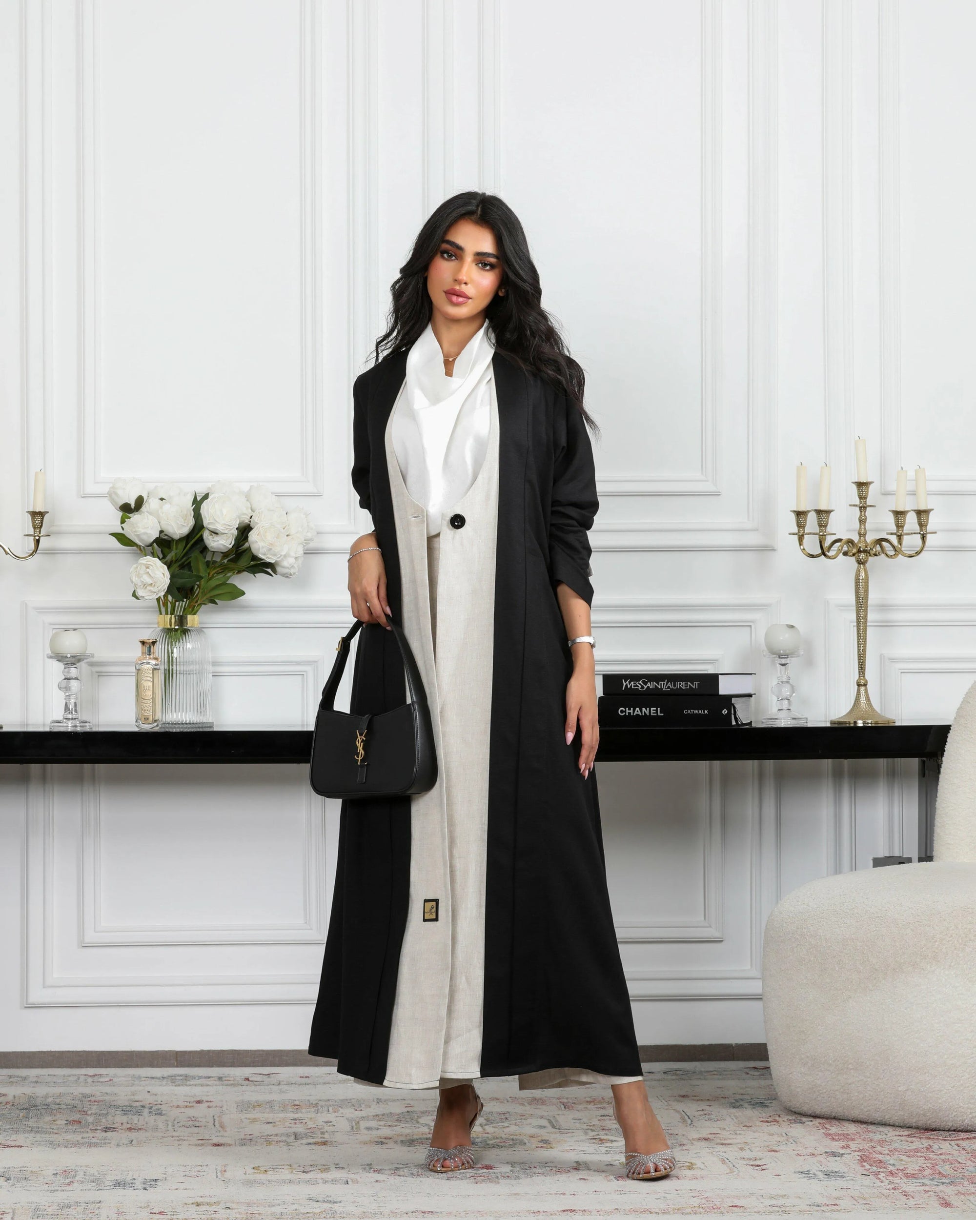 Black and beige linen blazer abaya