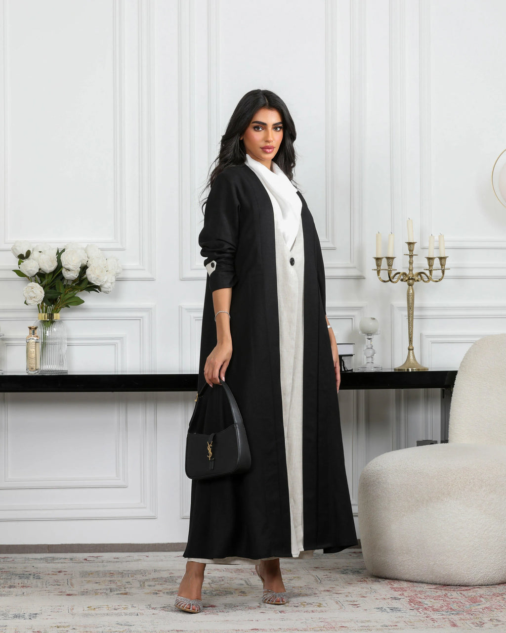 Black and beige linen blazer abaya