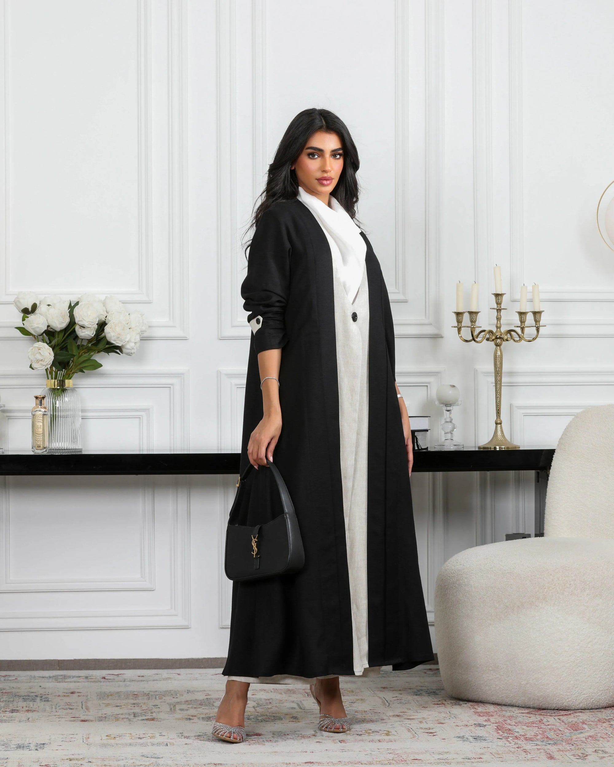 Black and beige linen blazer abaya