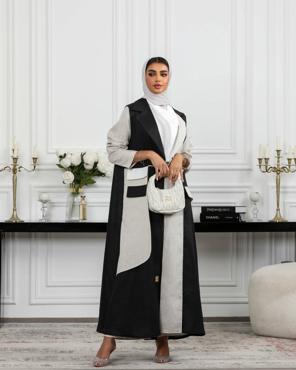 Black and beige linen blazer abaya