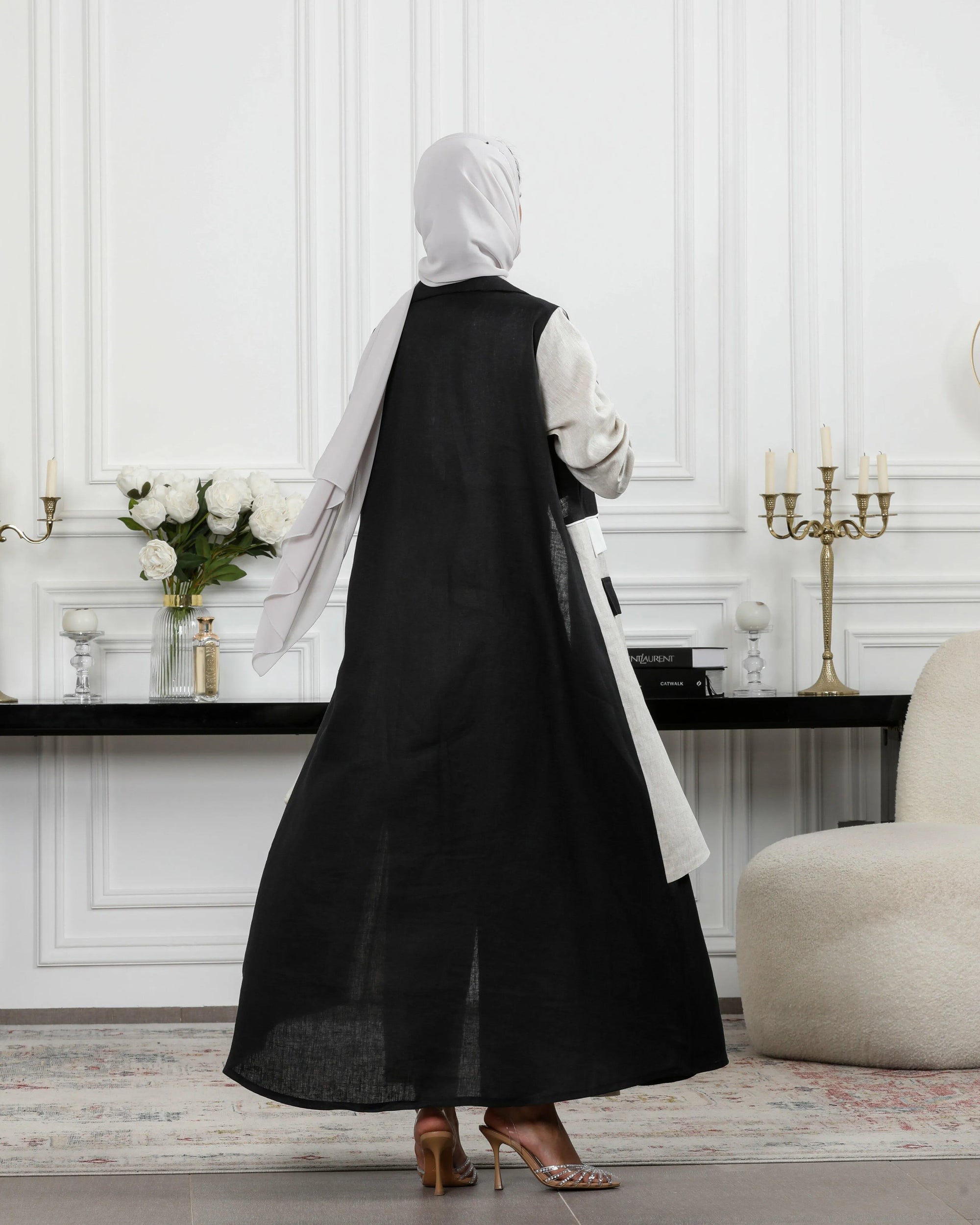 Black and beige linen blazer abaya