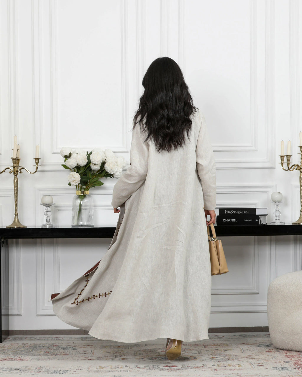 Linen beige abaya with brown pearl
