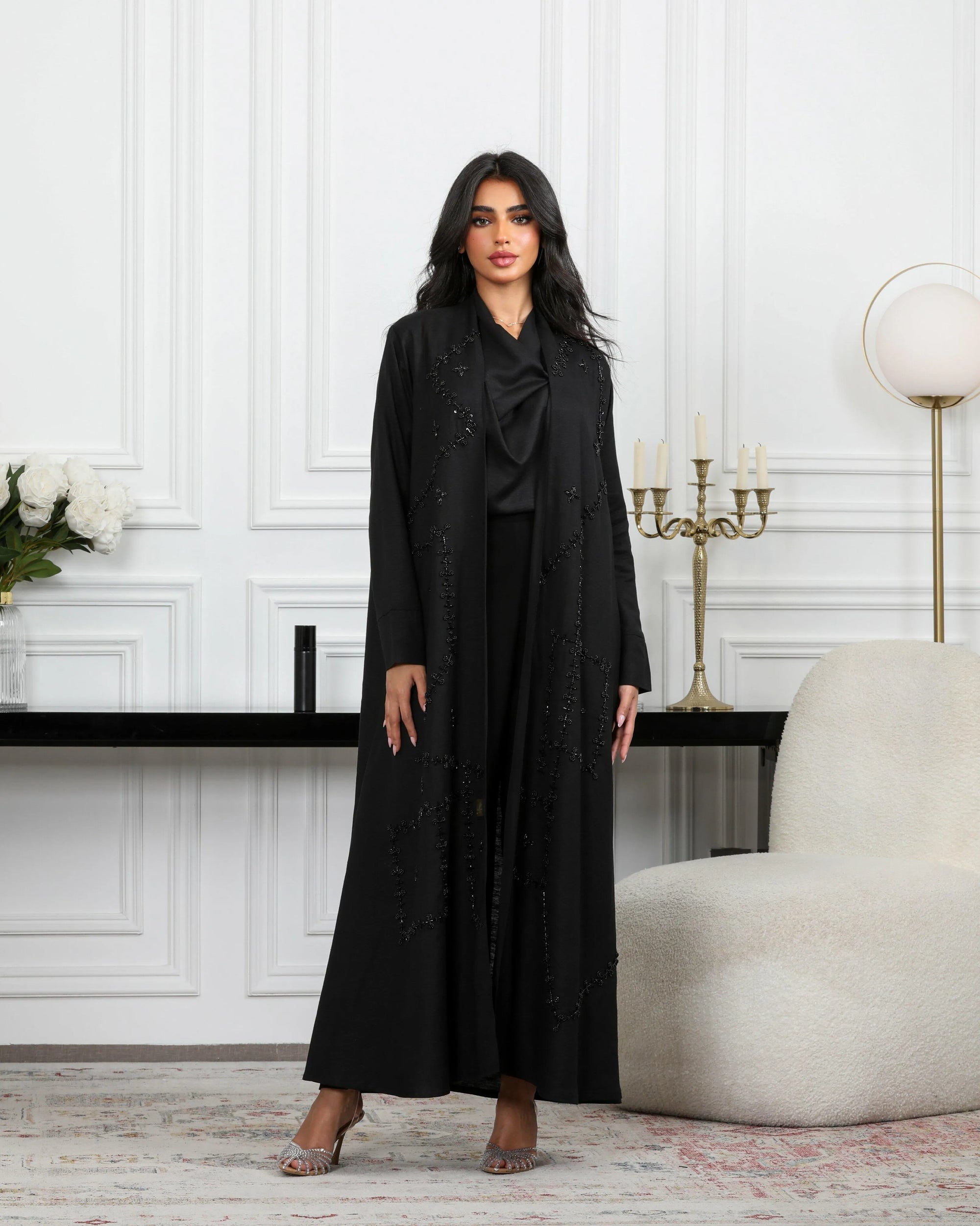 Linen black abaya with black pearl