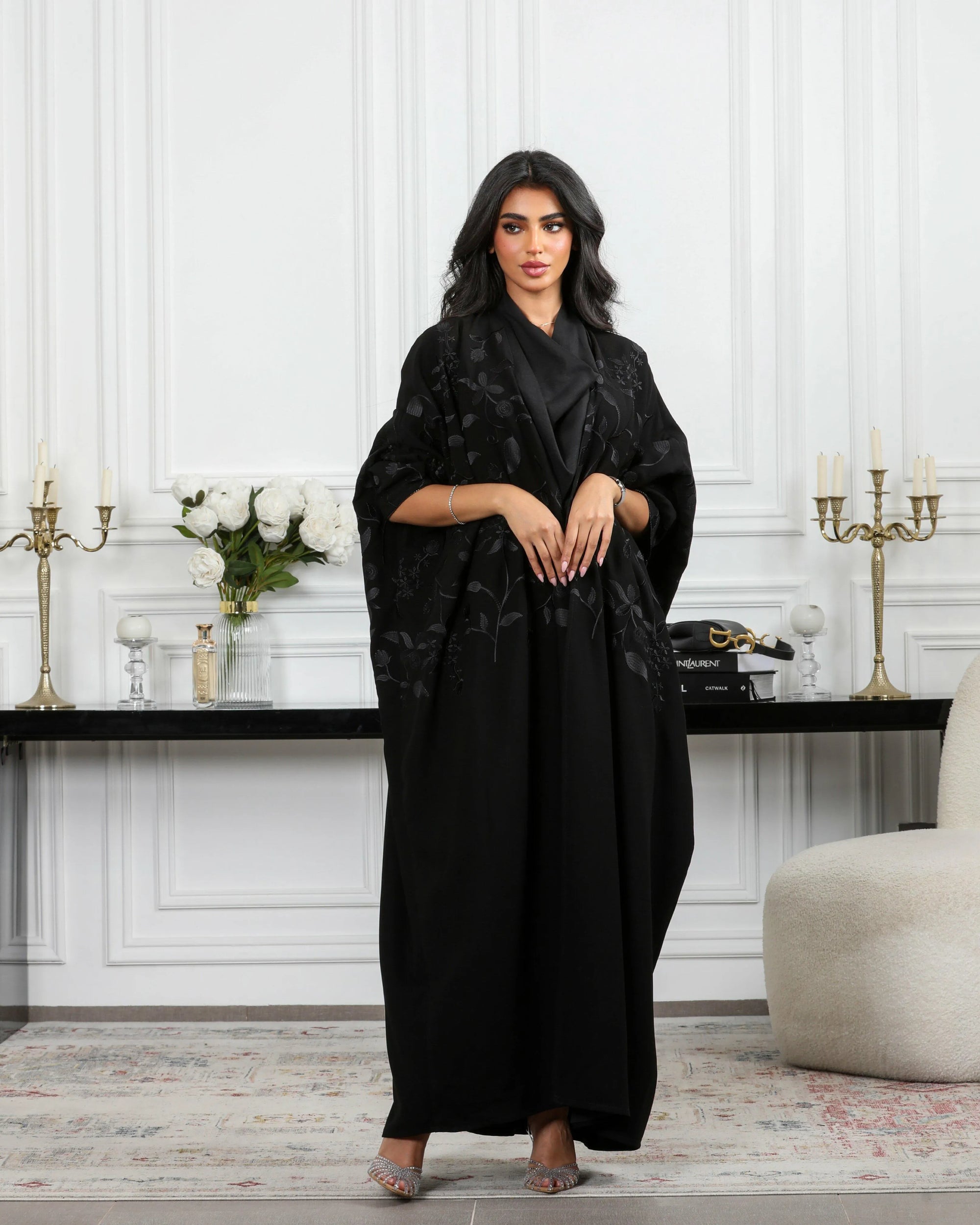 Black crepe abaya with black embroidery