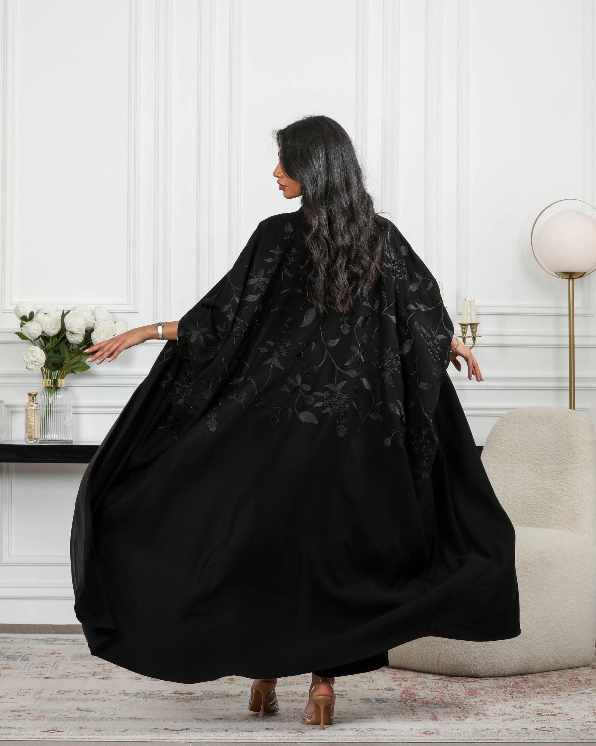 Black crepe abaya with black embroidery