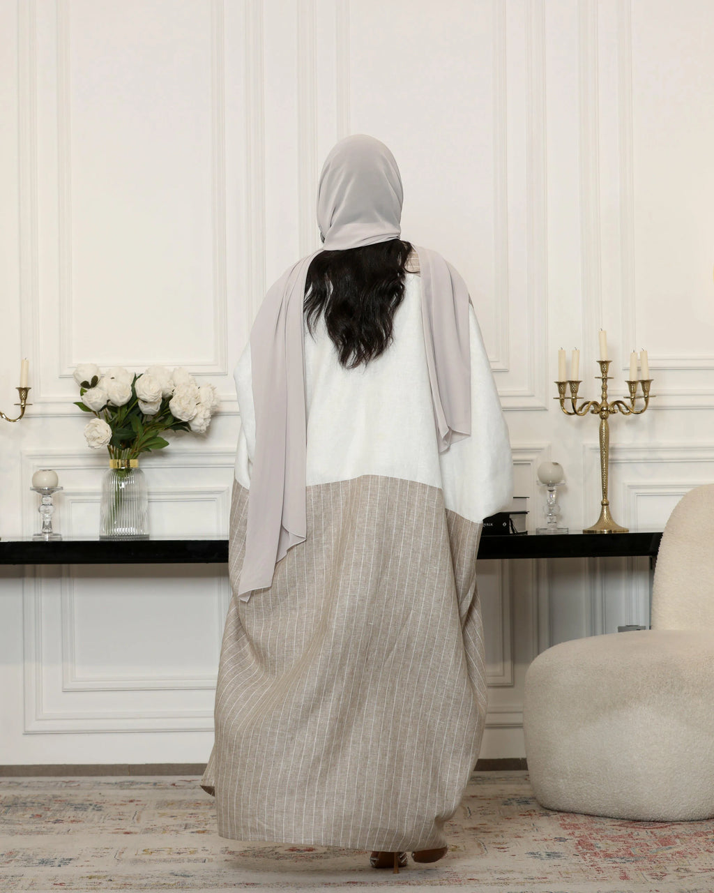 Beige striped linen bisht abaya