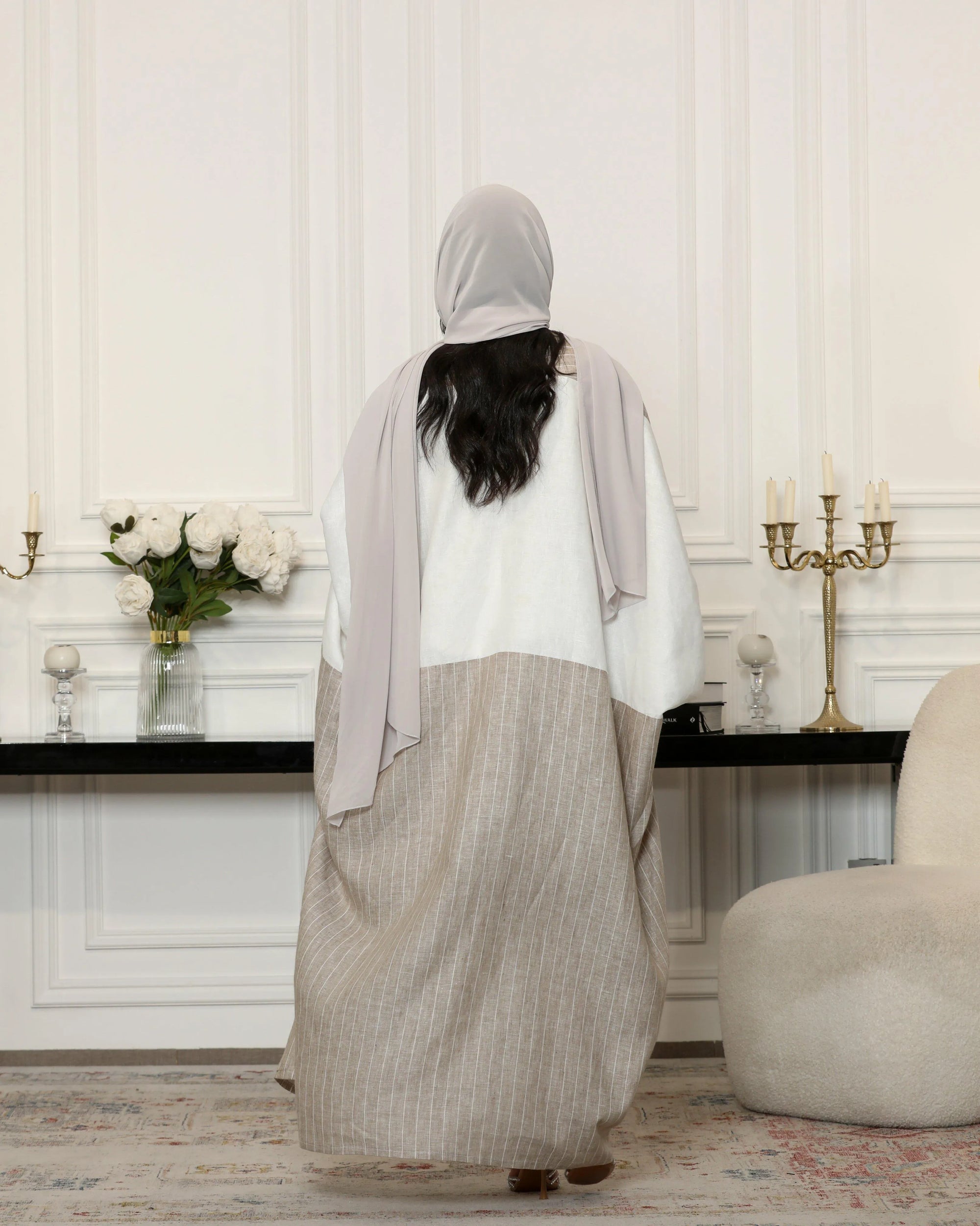 Beige striped linen bisht abaya